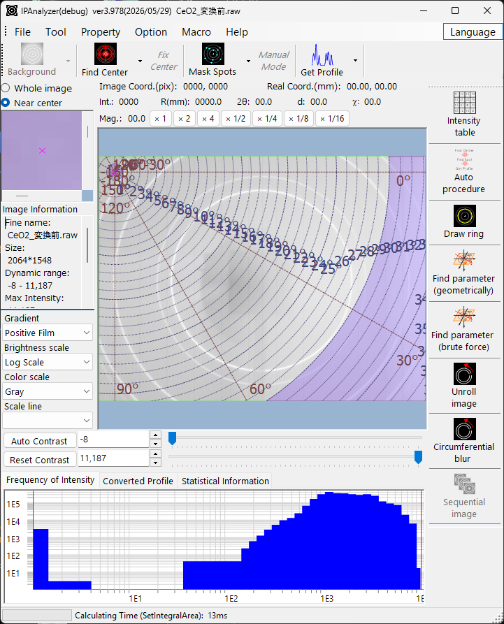 IPAnalyzer main window converting a Debye-ring pattern into a 1D profile