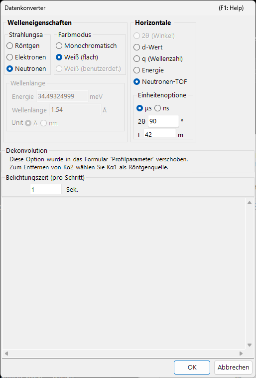 Dialog Data Converter mit Einstellungen für die horizontale Achse, Belichtungszeit und EDX-Optionen.