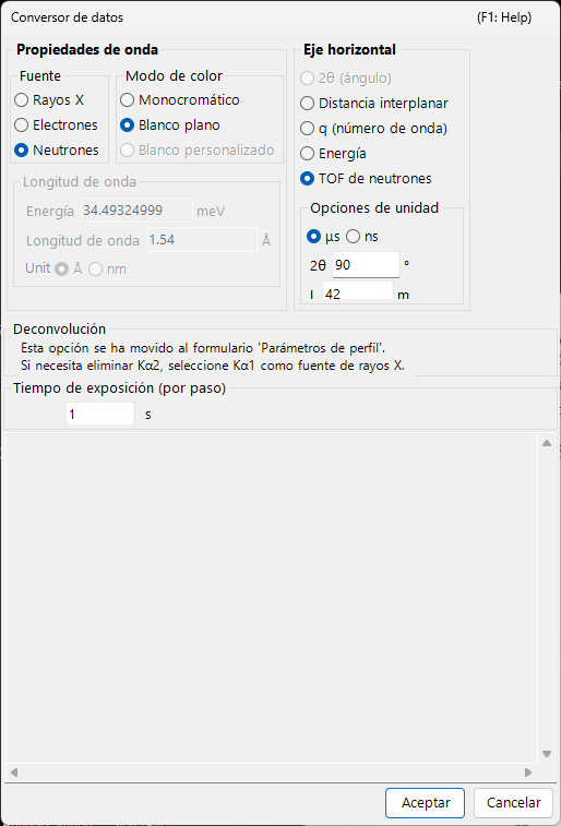 Cuadro de diálogo Data Converter con la configuración del eje horizontal, el tiempo de exposición y las opciones EDX.