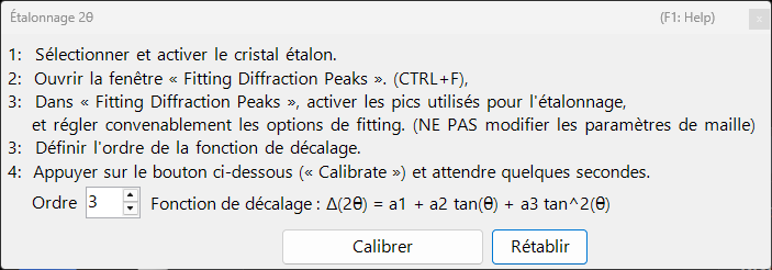 Boîte de dialogue de calibration 2θ