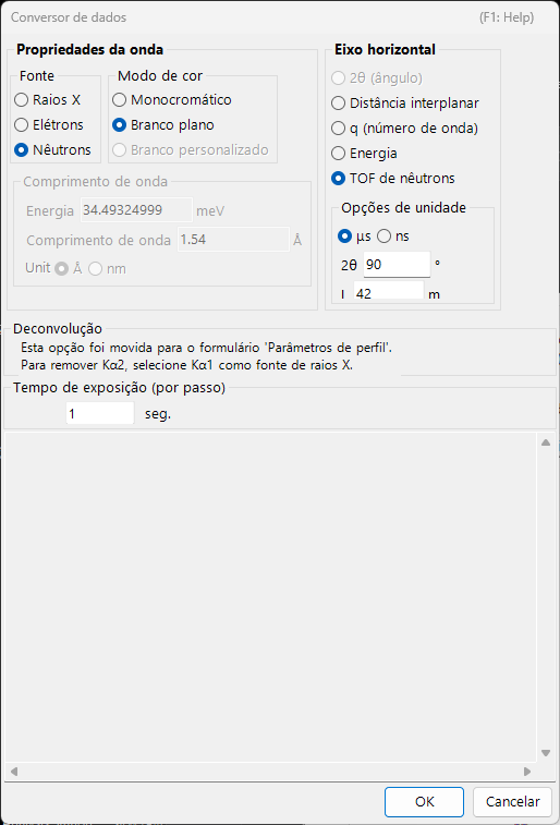Caixa de diálogo Data Converter com configurações de eixo horizontal, tempo de exposição e opções de EDX.