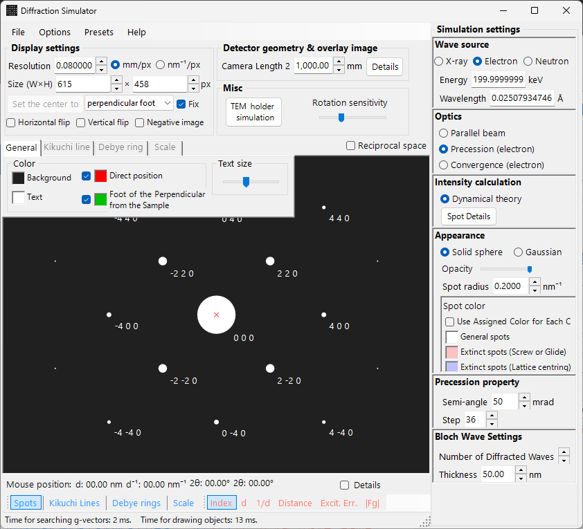 Diffraction simulator in PED mode
