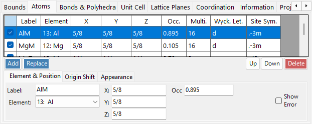 Atoms tab