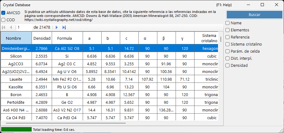 Base de datos de cristales