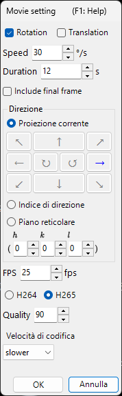 Finestra di dialogo delle impostazioni del filmato